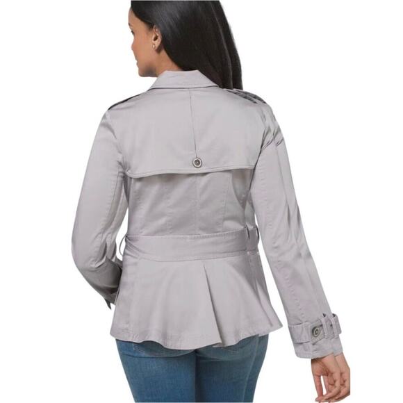 WHBM grey short trench belted jacket crystal buttons size 12 NEW - Picture 2 of 16